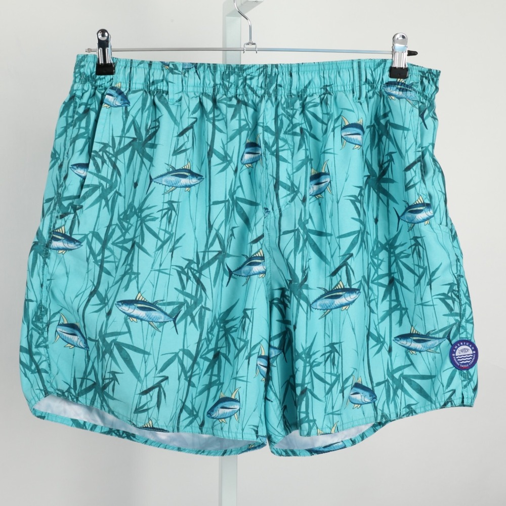 AFTCO Bathing Suit Men XL Blue Green Fish Bamboo Elastic Waist Drawstring Lined